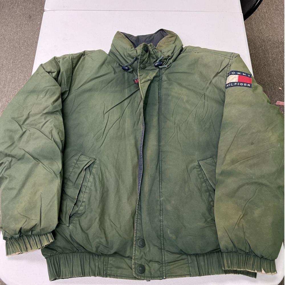Tommy Hilfiger Puffer Jacket Mens Large Green Vintage Distressed Bomber Coat